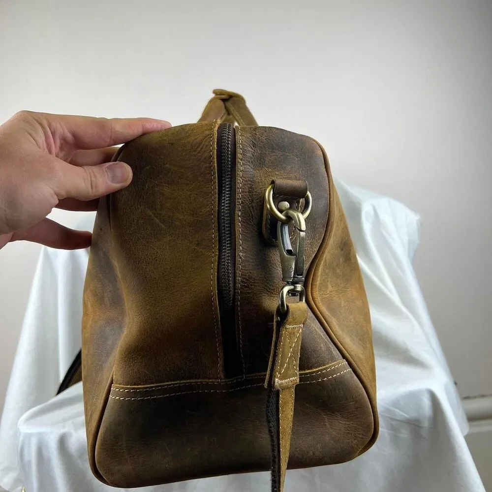 Komalc Leather Travel Bag Weekend Bag Duffle Bag Brown With Shoulder Strap